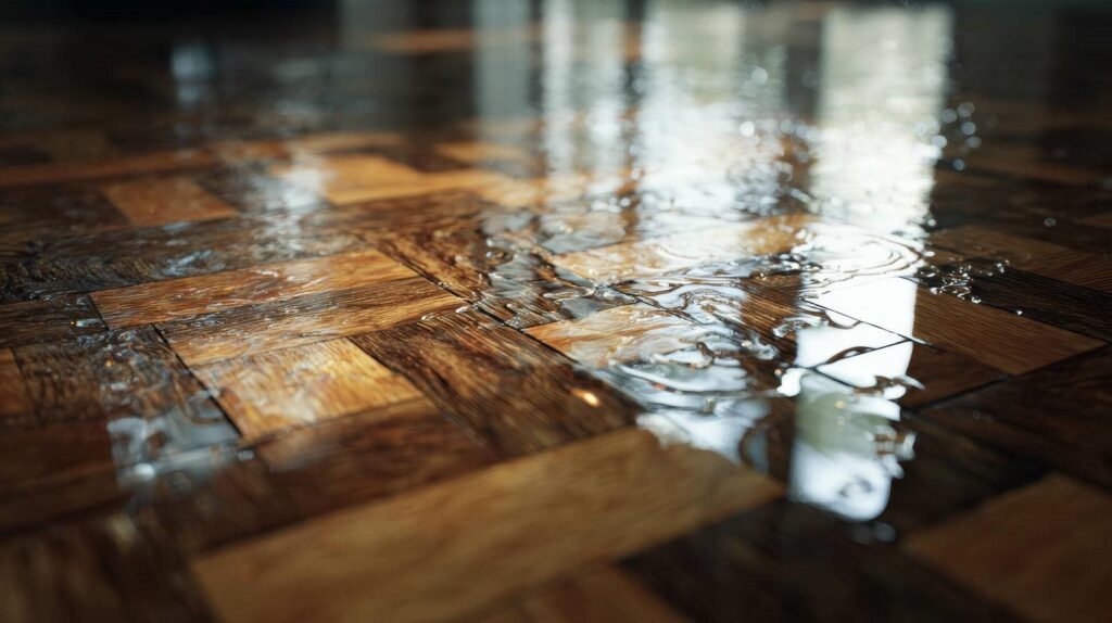 Water pooled and spreading on a wooden parquet floor with light reflections.