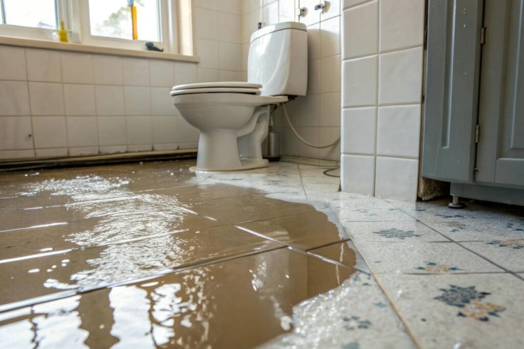 Water flooding the tiled floor of a bathroom near a closed toilet.