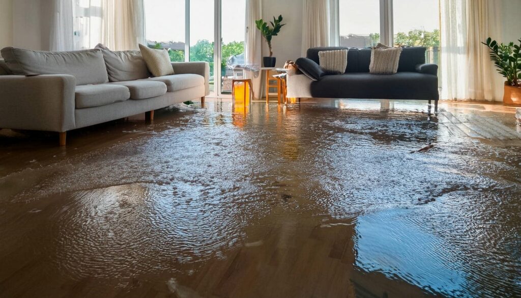 Living room with water flooding the wooden floor between two sofas.