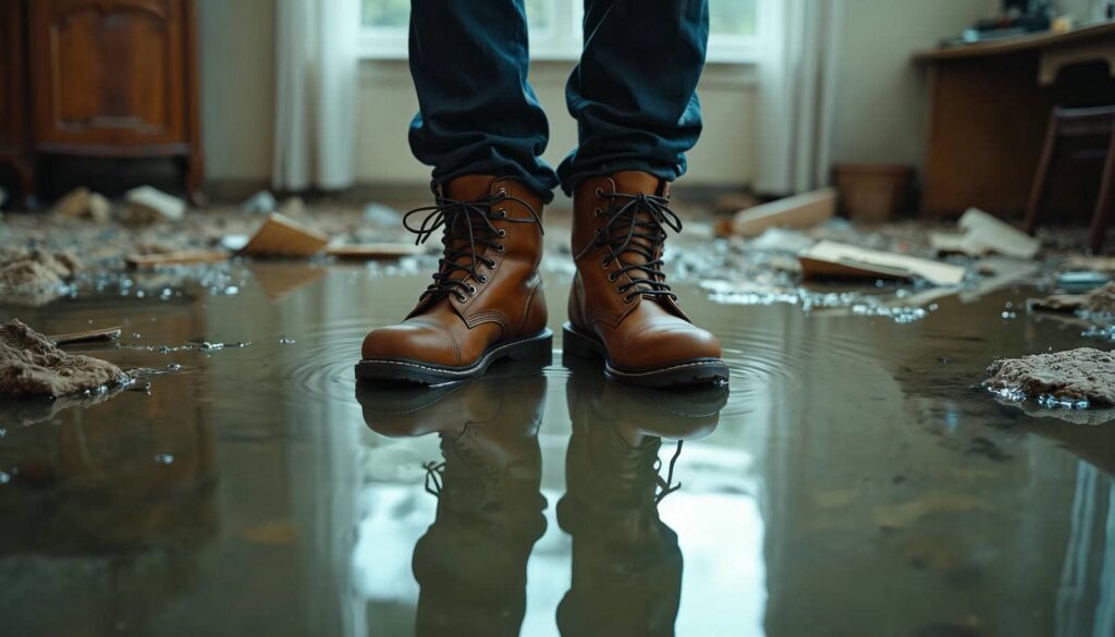 Person wearing brown boots standing in a flooded room with debris scattered around.