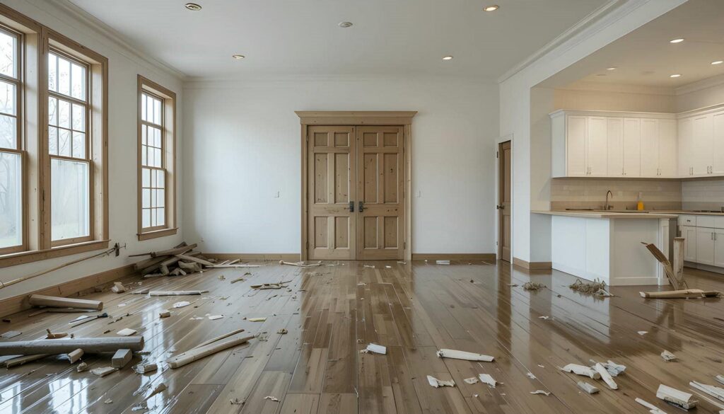 Empty room with wooden floor scattered with debris and a closed double wooden door.
