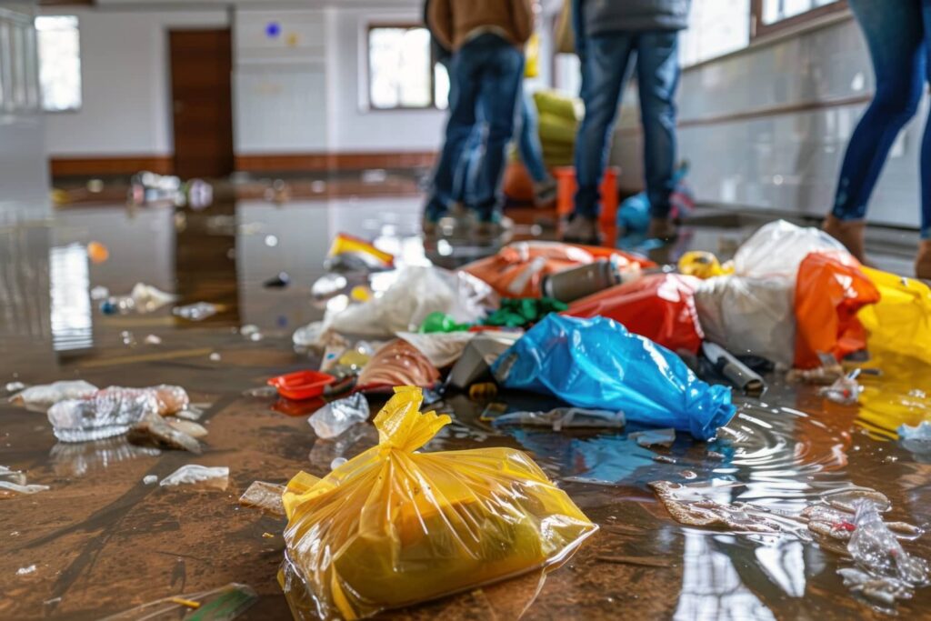 Flooded indoor floor covered with scattered trash bags and debris, with people standing in the background.