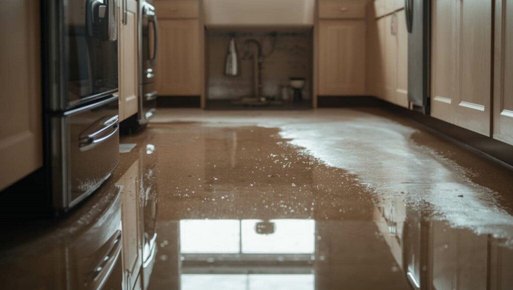 Water flooding the floor of a kitchen with cabinets and appliances on either side.