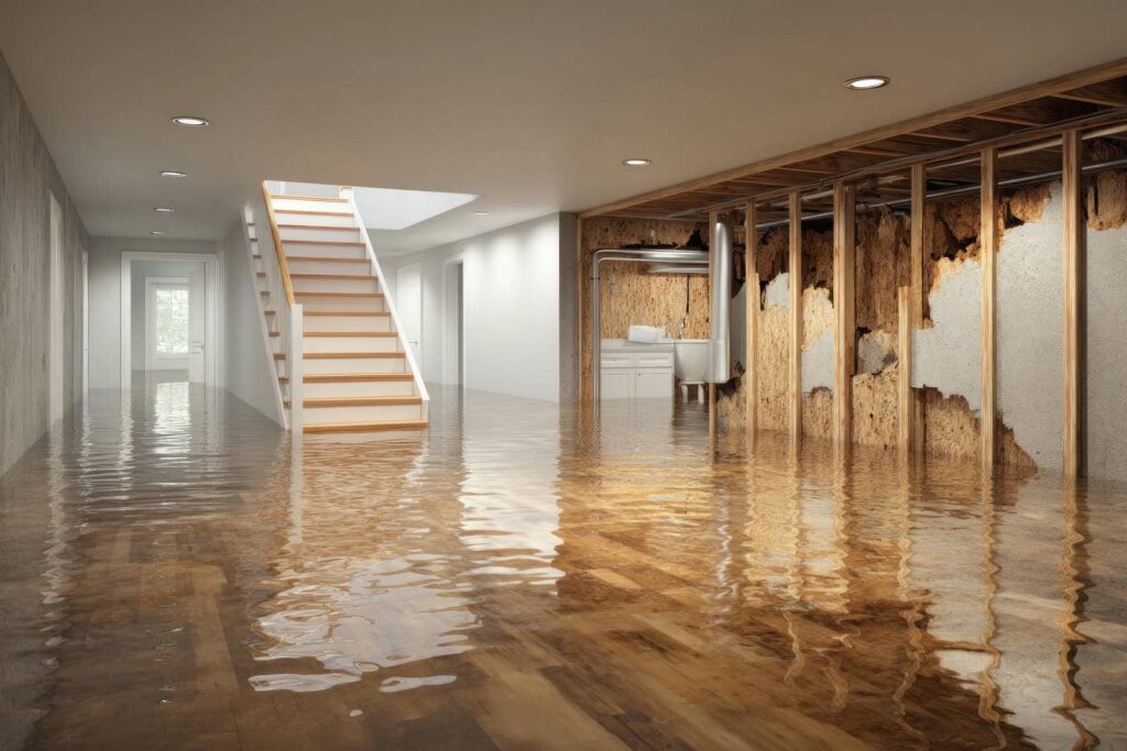 Basement flooded with water covering the floor and exposed wall studs on one side.