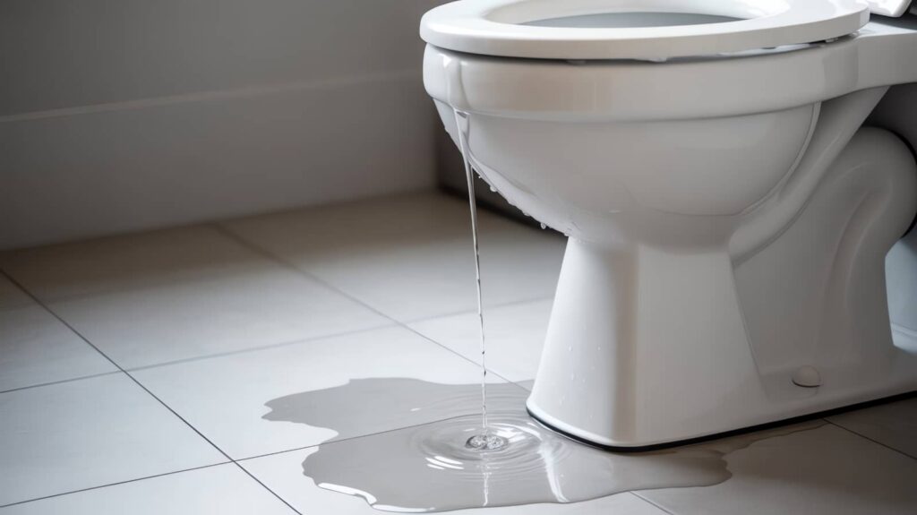 Water leaking from the side of a white toilet onto a tiled floor.