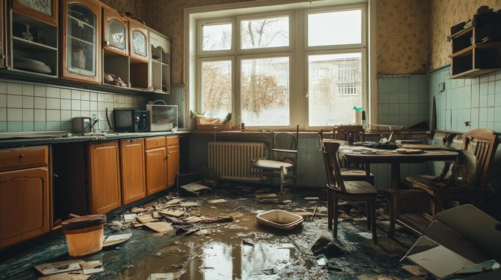 Abandoned kitchen with broken furniture, scattered debris, and a flooded floor.