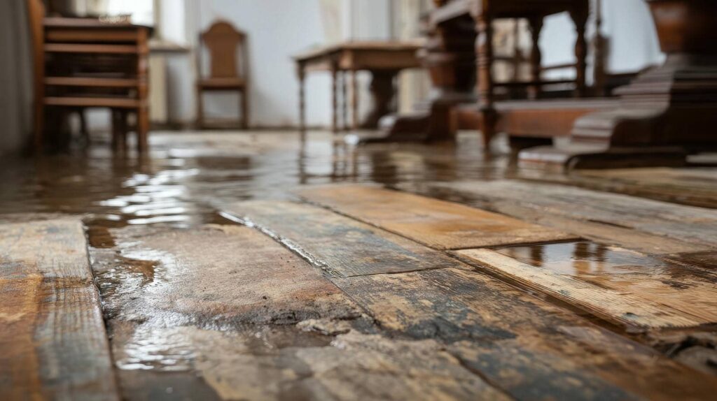 Water pooling on a worn wooden floor inside a room with wooden furniture.