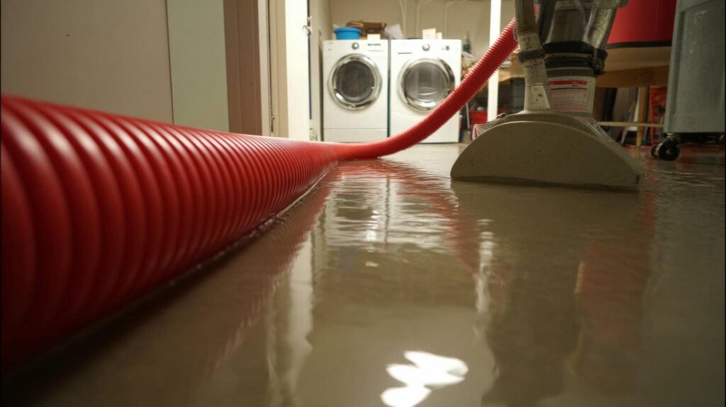 Flooded basement floor with a red water extraction hose and a cleaning machine near a washer and dryer.