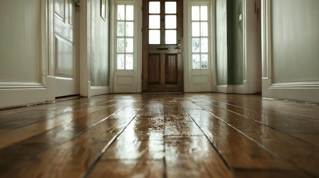 Polished wooden floor leading to a closed wooden front door with glass panels.