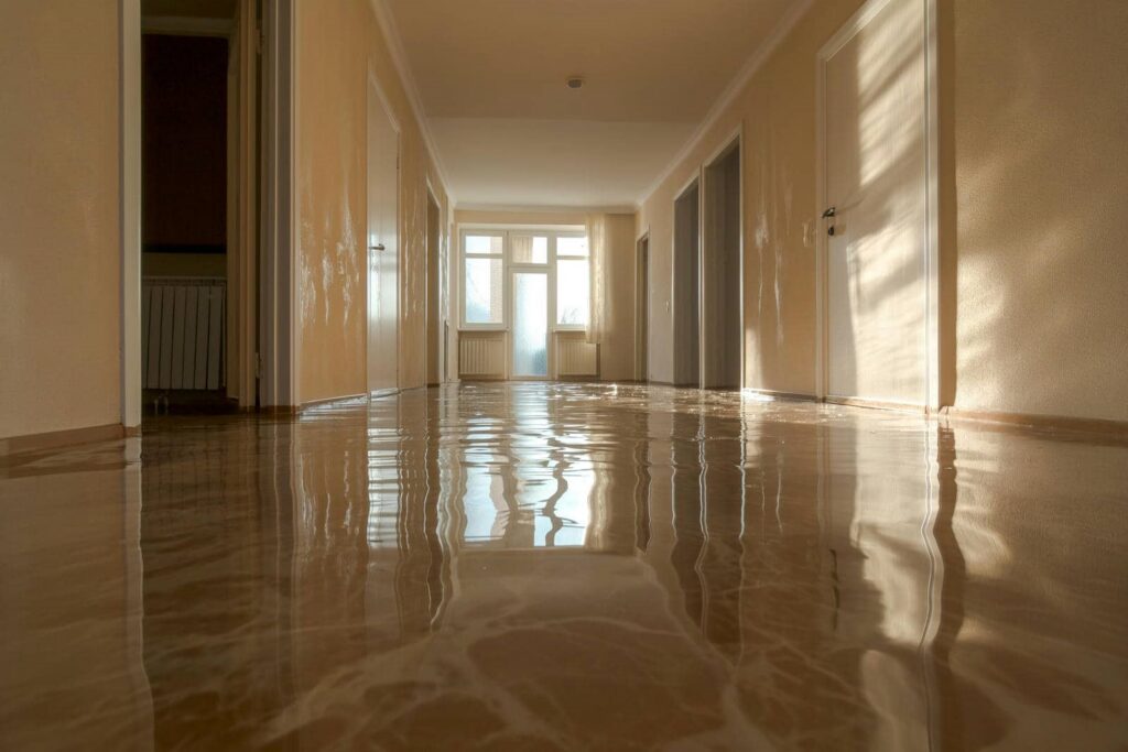 Hallway with water flooding the floor reflecting walls and doors.