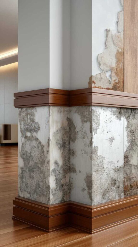 Corner of an interior wall with peeling paint and mold damage above wooden baseboards and trim.