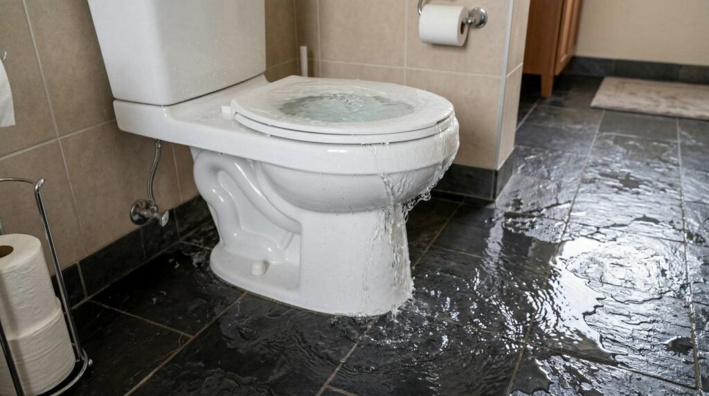 Toilet overflowing with water flooding the bathroom floor.