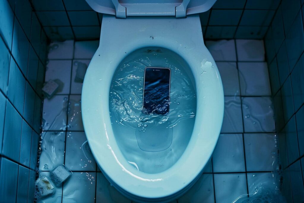 Smartphone submerged in a water-filled toilet bowl with water spilling onto tiled floor.