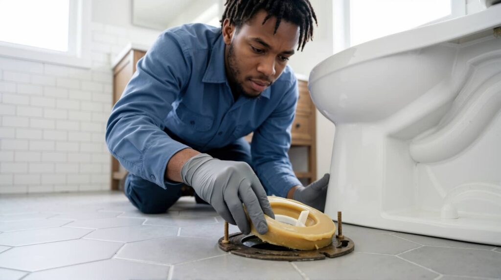 Plumber repairing a toilet drain in a bathroom.