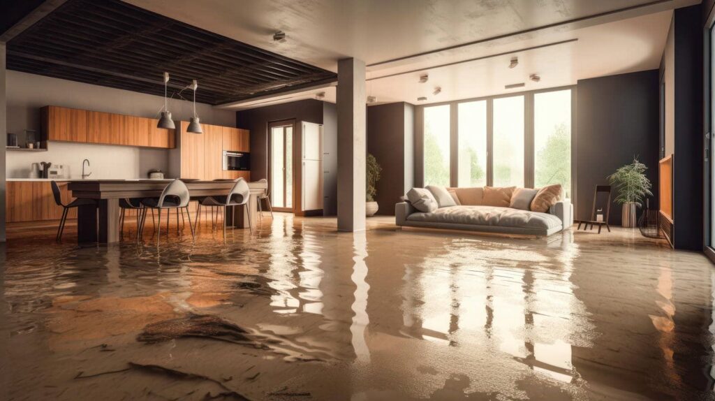 Modern living room and kitchen flooded with water covering the floor.