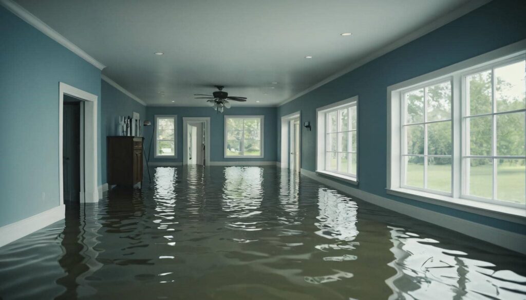 Living room flooded with water nearly reaching the windowsills.