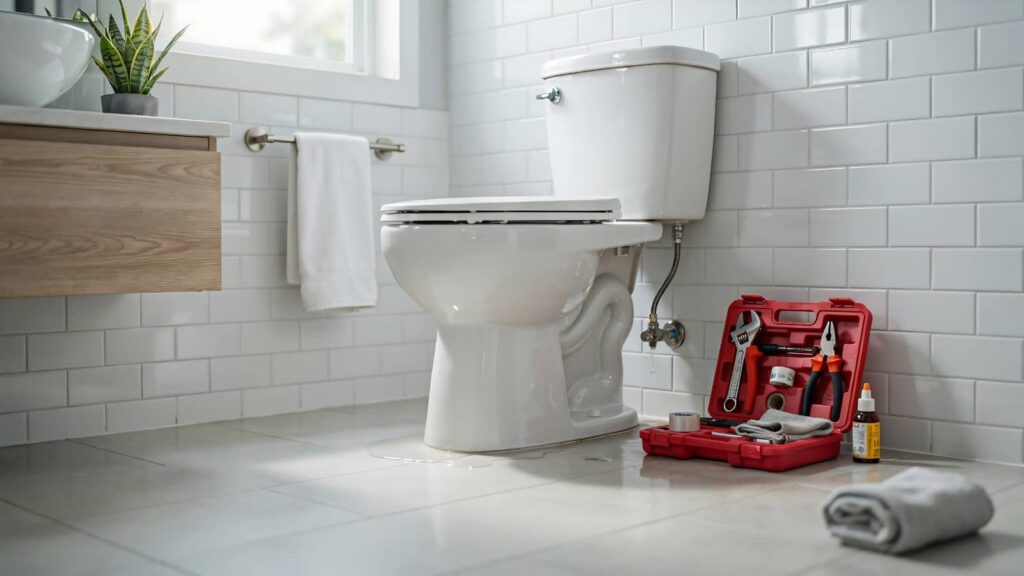 Leaking toilet with water on the floor and a red toolbox with plumbing tools nearby.