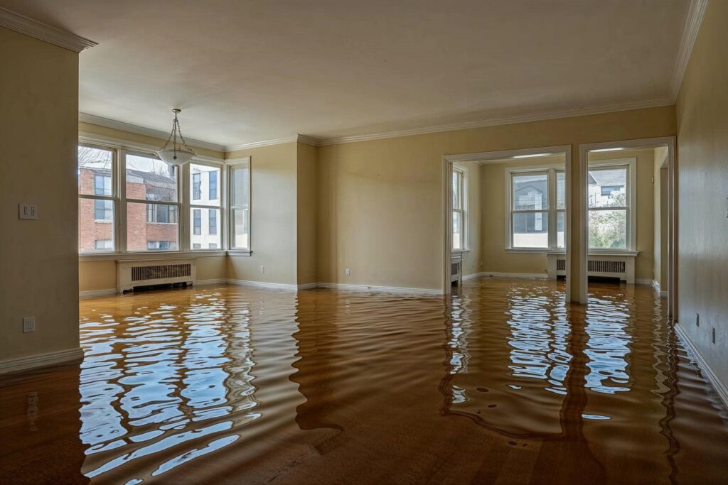 Empty living room with hardwood floors partially covered by floodwater.
