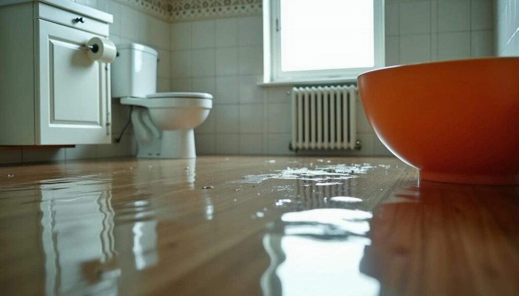 Water pooling on a bathroom floor near a toilet and an orange bucket.