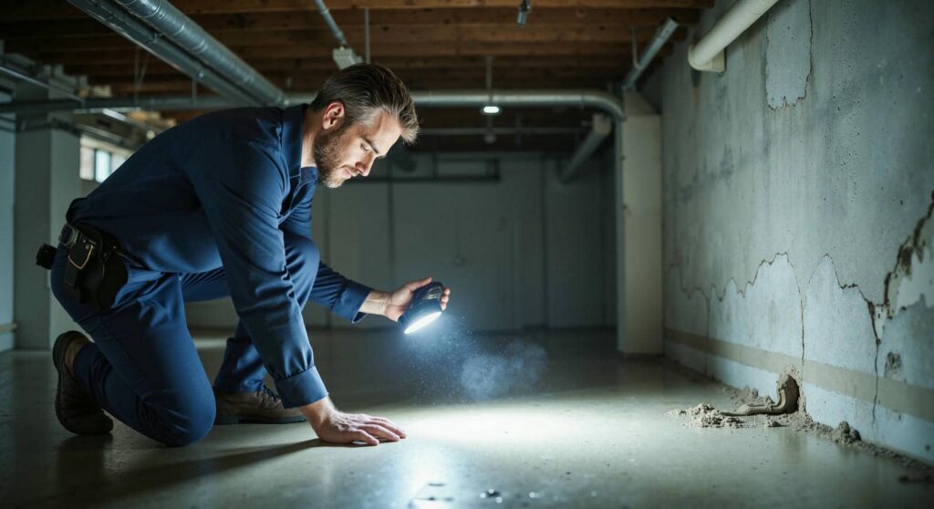 Man in blue uniform kneeling and shining a flashlight on the floor near a cracked wall.