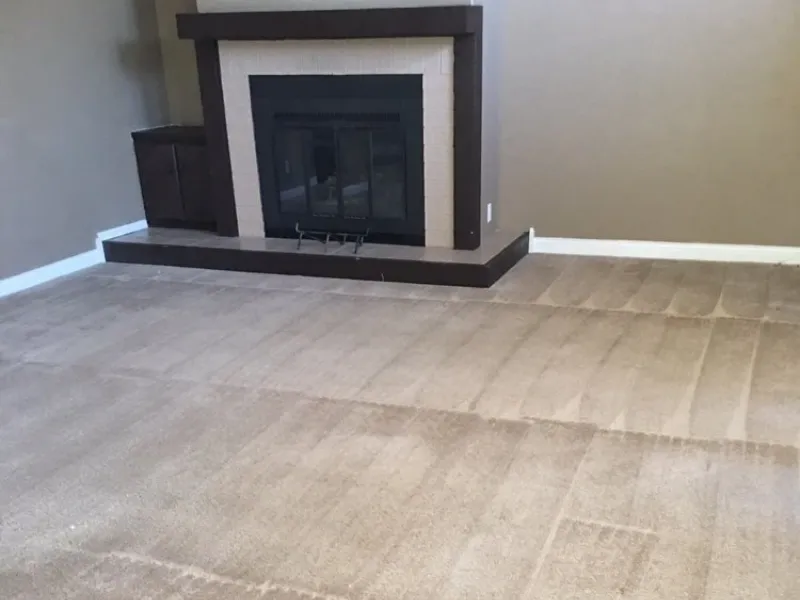 Empty room with beige carpet and a dark-framed fireplace against a tan wall.