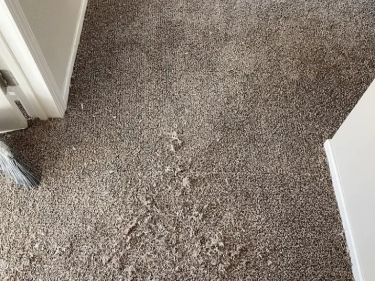 Carpet with a large area of pulled and frayed fibers near a doorway.