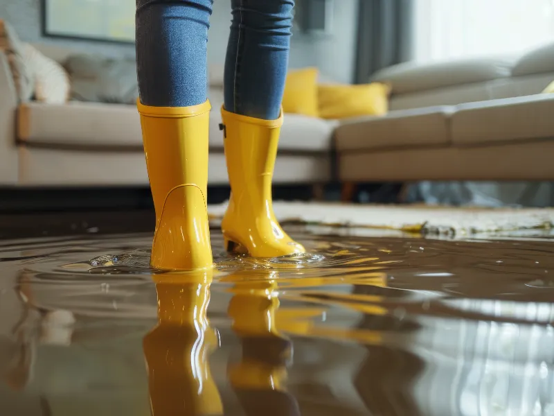 Person wearing yellow rain boots standing in a flooded living room with water on the floor.